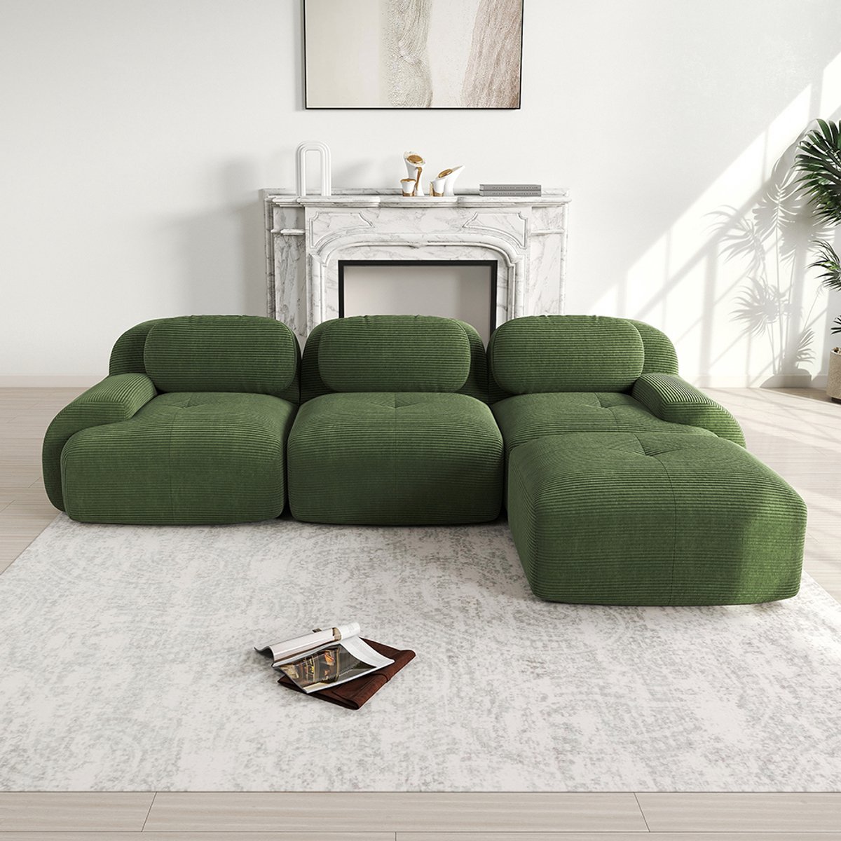 BLACKCOLORS Modulaire hoekbank zonder montage, ergonomisch en geschikt voor huisdieren, van corduroy met extra brede armleuningen, zeer elastische vulling 32D voor woonkamer en slaapkamer, Green