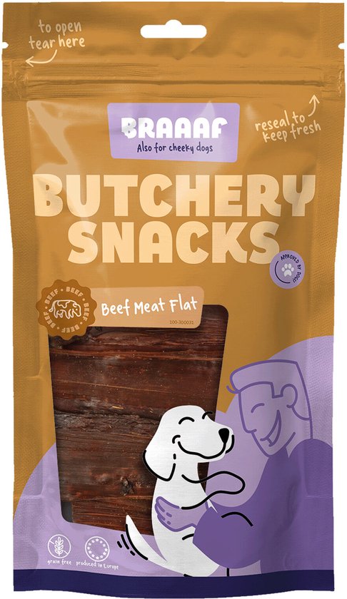 Braaaf Hondensnack Butchery Beef Meat Flat - 125 gr