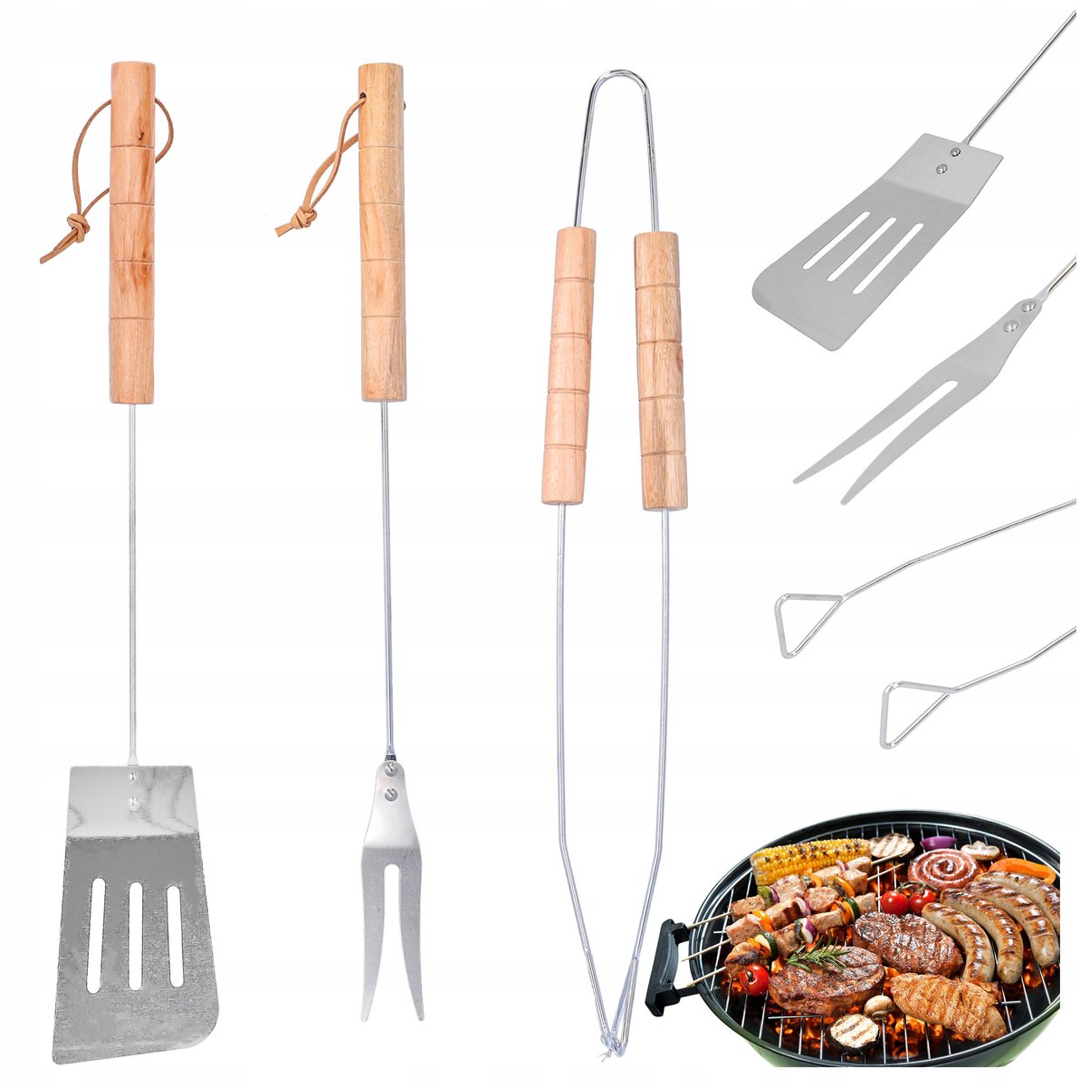 Grillset 3-delig: Tang, Spatel & Vork van RVS met Houten Handvat