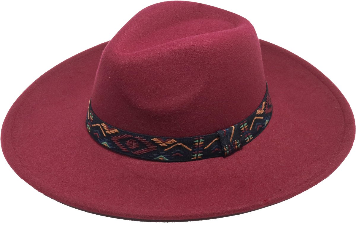 Emilie collection - hoed - rood - fedora - Vilten hoed met brede rand en boho band - bordeauxrood