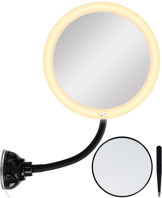Zoomique LED Make-up spiegel met verlichting – 10x Vergroting – Gel zuignap – Touchscreen – 3 Lichtkleuren – Luxe Spiegel met USB & Batterijen – Inclusief Mini Spiegel & Pincet