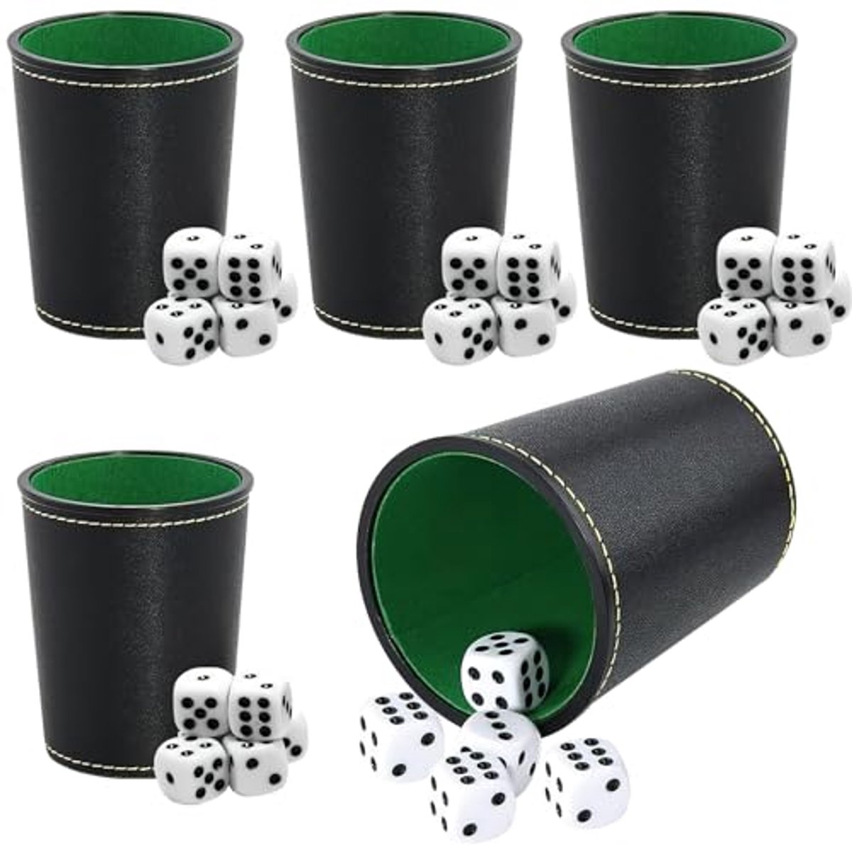 Set van 5 leren dobbelbekers met 25 dobbelstenen voor spelavonden
