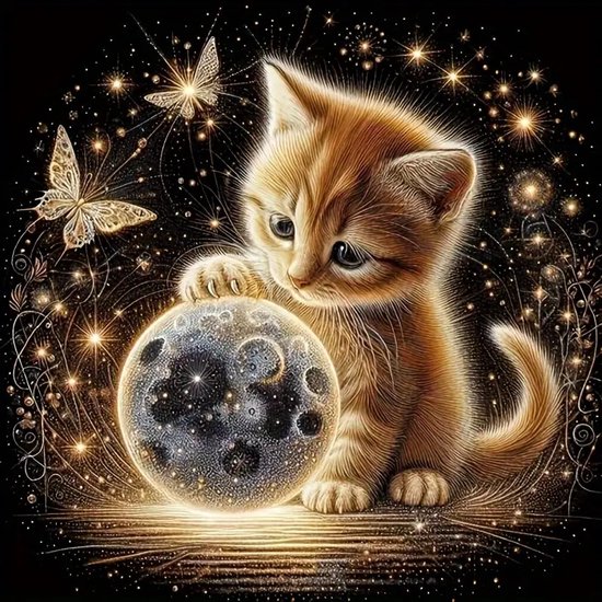 Peinture de diamants Chat avec papillons - Motif chat Oranje joueur - Set complet avec Outils , strass et toile - Peinture à DIY avec strass pour Adultes et débutants - Hobby relaxants et Décoration créative - Idée cadeau Perfect