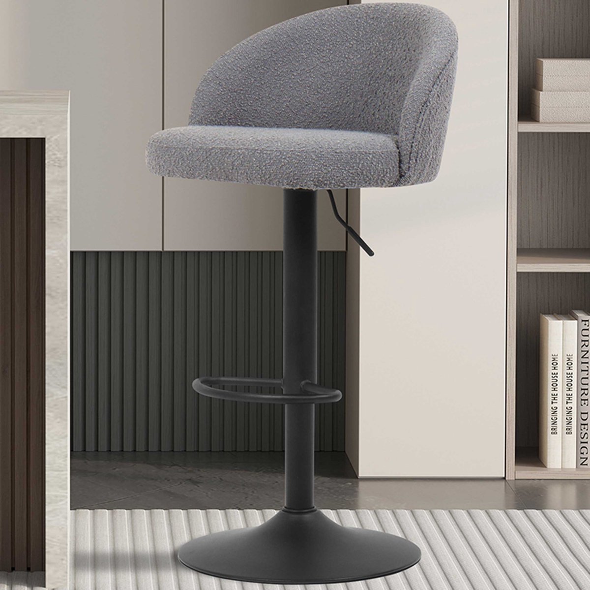 Barstoel Arda Lichtgrijs – Rousseau – Verstelbare Zithoogte 63-84 cm – Bouclé – Draaibaar grijs