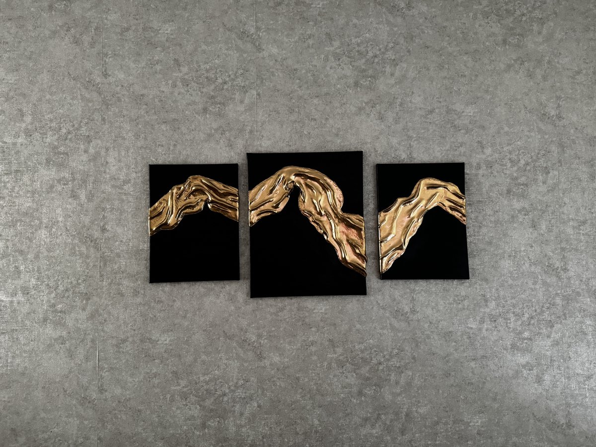 Deco Shine - Handgemaakt Textuur Schilderij – Goud Zwart – 3-Delig Wanddecoratie Set - Abstract