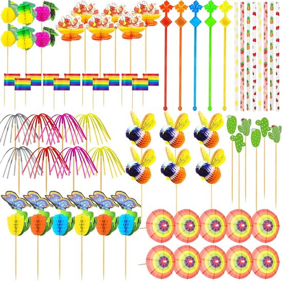 171 Stuk Cocktail Decoratie Set - Herbruikbare Accessoires voor Cocktail Party - Zomer Feest Decoraties met Paraplu's, Vuurwerk Stokken, Roerstokken en Rietjes - Bar Benodigdheden