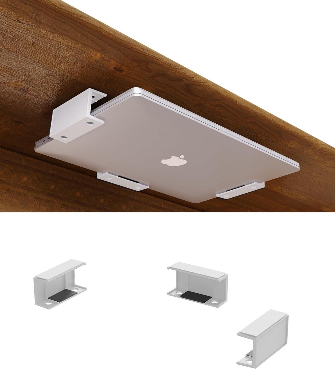 Bureauhouder en wandrek voor ruimtebesparende laptop- en tabletopslag