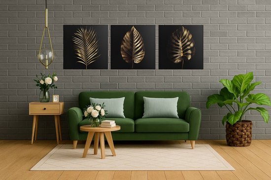 Triptyque Feuilles Dorées – Peinture sur Toile – Décoration murale Élégante – Art Moderne 3 Pièces – Intérieur de Luxe – 3x40x40 cm