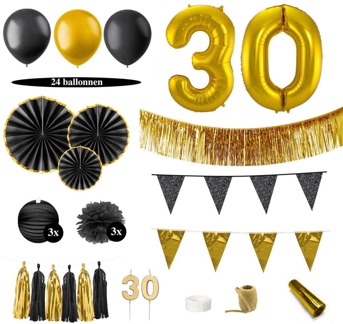 Feest zonder Fratsen - 30 jaar versiering pakket - Ballonnen - Slingers - Zwart Goud