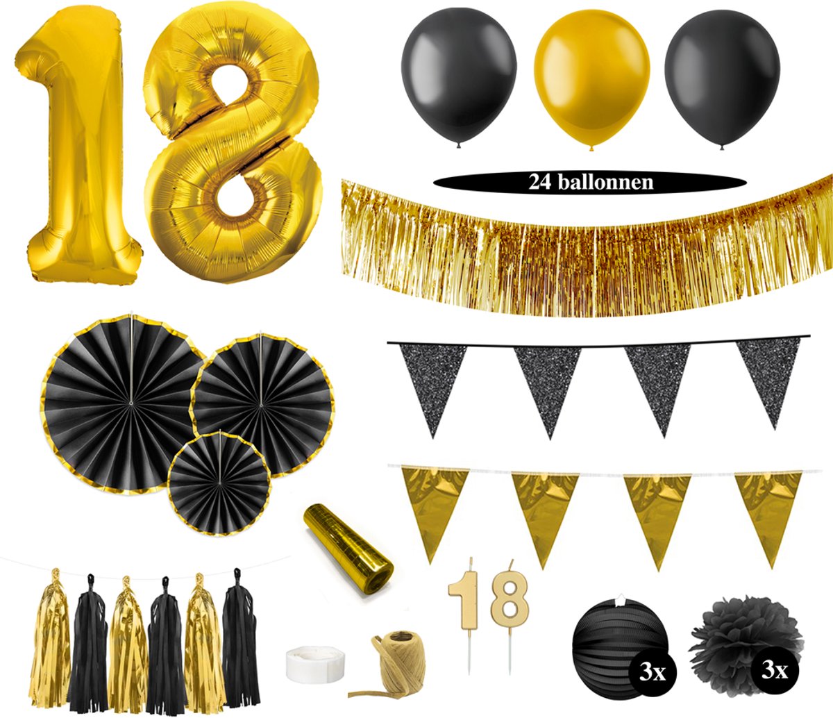 Feest zonder Fratsen - 18 Jaar Verjaardag Versiering - Goud en Zwart - Feestpakket