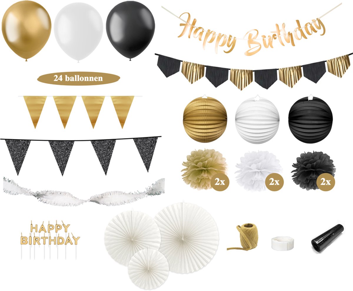 Feest zonder Fratsen - Chic Soiree Feest Verjaardag Versiering Pakket – Ballonnen en Slingers - Goud Zwart en Wit