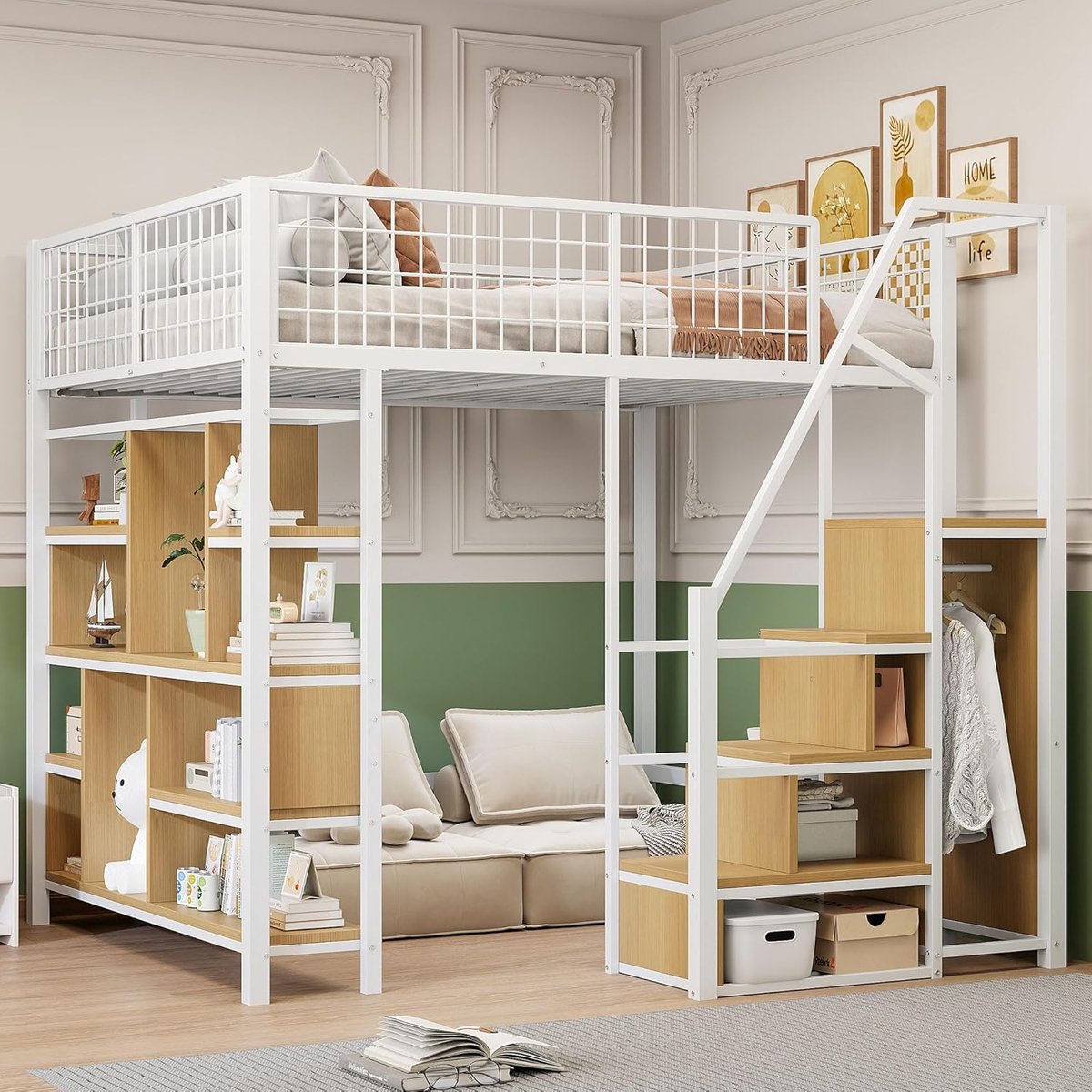 Hoogslaper 140x200 cm voor Volwassenen en Jongeren – Wit Metalen Bed met Trap en Opbergruimte – Hoogslaper met Kast, Bureau en Bodembed – Ruimtebesparend Bed – Stevig Houten Frame – Medahomestore