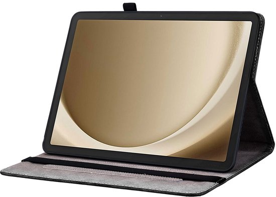 Tablethoes staand met tablet, zwarte standaard en tablet met gouden scherm.