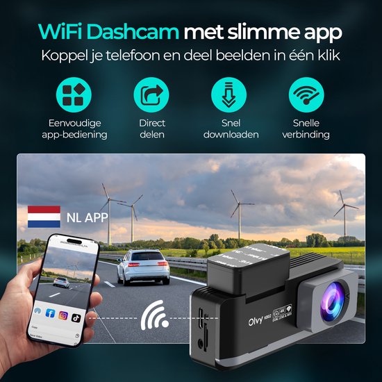 Dashcam met wifi en app, toont mobiele telefoon met Nederlandse vlag en snelweg met auto's.
