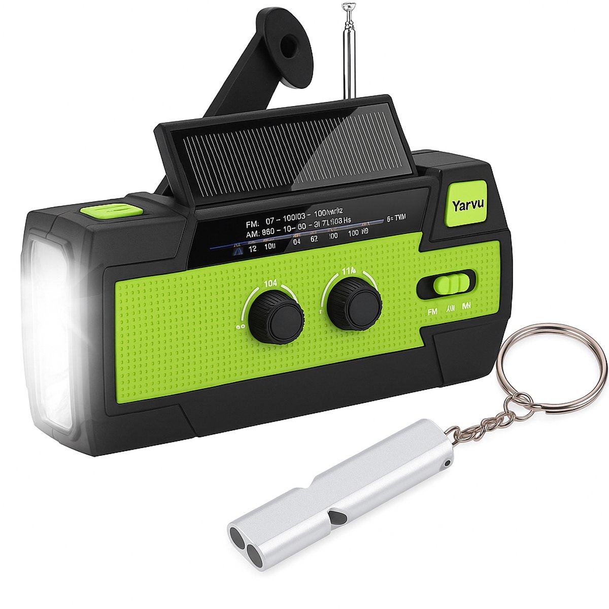 Yarvu ® Noodradio Solar Opwindbaar & Batterij Inclusief Noodfluitje - Noodpakket - Draagbare Survival Radio - 4000 mAh - Powerbank Zonneenergie - Bouwradio - met Zaklamp – Groen