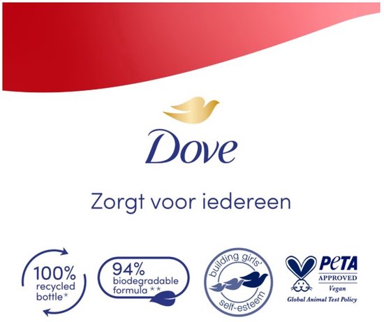 Dove logo. Zorgt voor iedereen. 100% gerecyclede fles, 94% biologisch afbreekbare formule, PETA goedgekeurd.