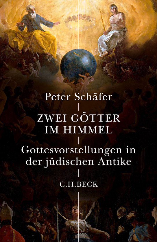 Boekcover met de titel 'Zwei Götter im Himmel' van Peter Schäfer. Twee goddelijke figuren boven een aardbol, omringd door engelen en mensen.