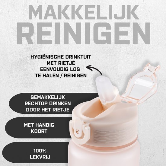Matte beige drinkfles met een rietje en een draaglus. Gemakkelijk te reinigen.