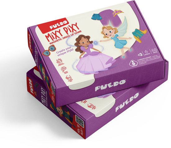Doos met de Mixy Pixy magneetspel, met prinses en elf, en kledingstukken.