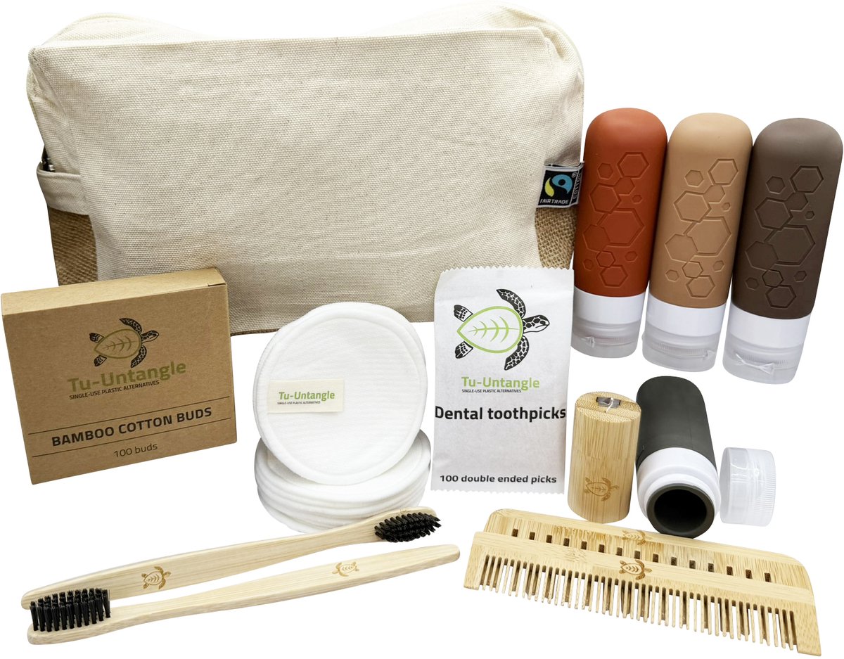 Tu-Untangle - Zero Waste Reisset - 8-delig - Bamboe & Siliconen - Earth Brown - Milieuvriendelijk & Herbruikbaar