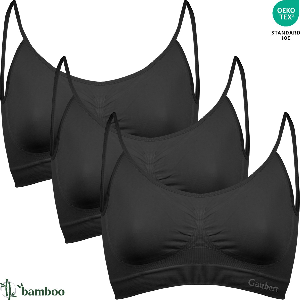 GAUBERT ® 3-Pack Naadloze Bamboe Comfort BH Top - Beha Zonder Beugel - Verstelbare Spaghettibandjes - Bamboe Ondergoed - Zwart - GBTW-3105-Black Spaghettibandjes, Zwart