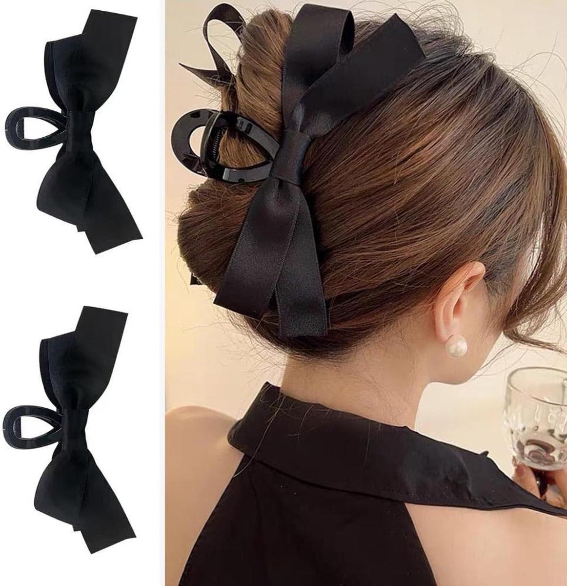 Bow Claw Clip - 2 stuks zwarte klauw haarclips voor vrouwen en meisjes