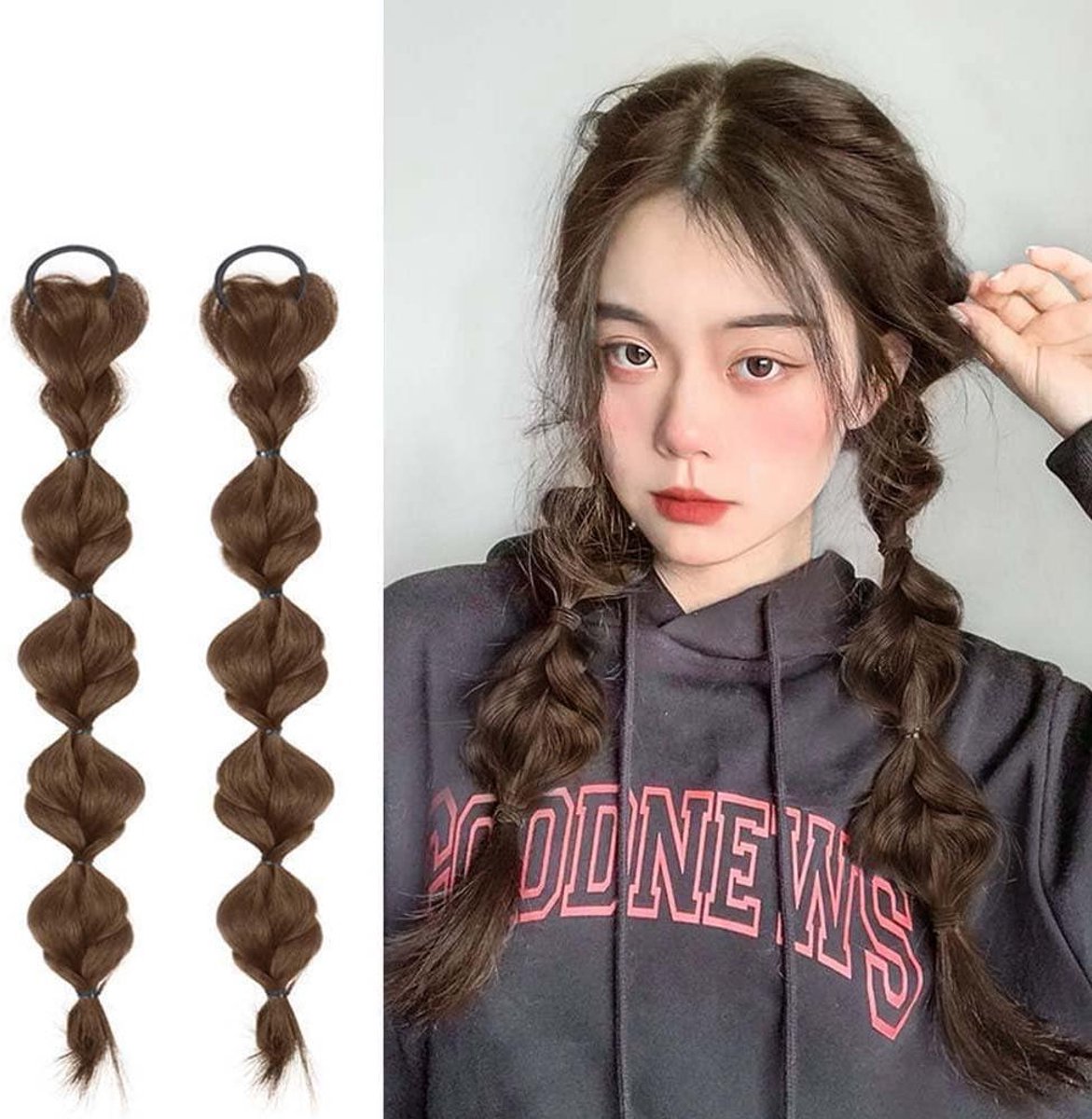 Set van 2 haarextensies met bubbels en elastische band - Voor vrouwen en meisjes - Accessoires voor dagelijks gebruik - Lichtbruin
