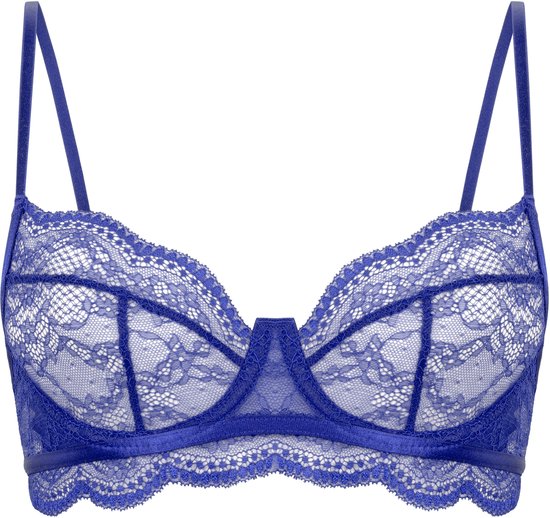 Soutien-gorge à armatures bleu cobalt en dentelle avec bonnets transparents, bords détaillés et bretelles réglables.