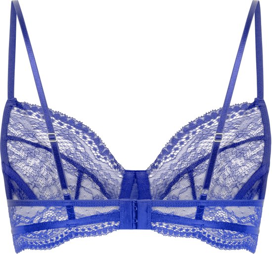 Arrière d'un soutien-gorge à armatures bleu cobalt en dentelle avec bonnets transparents et bretelles.