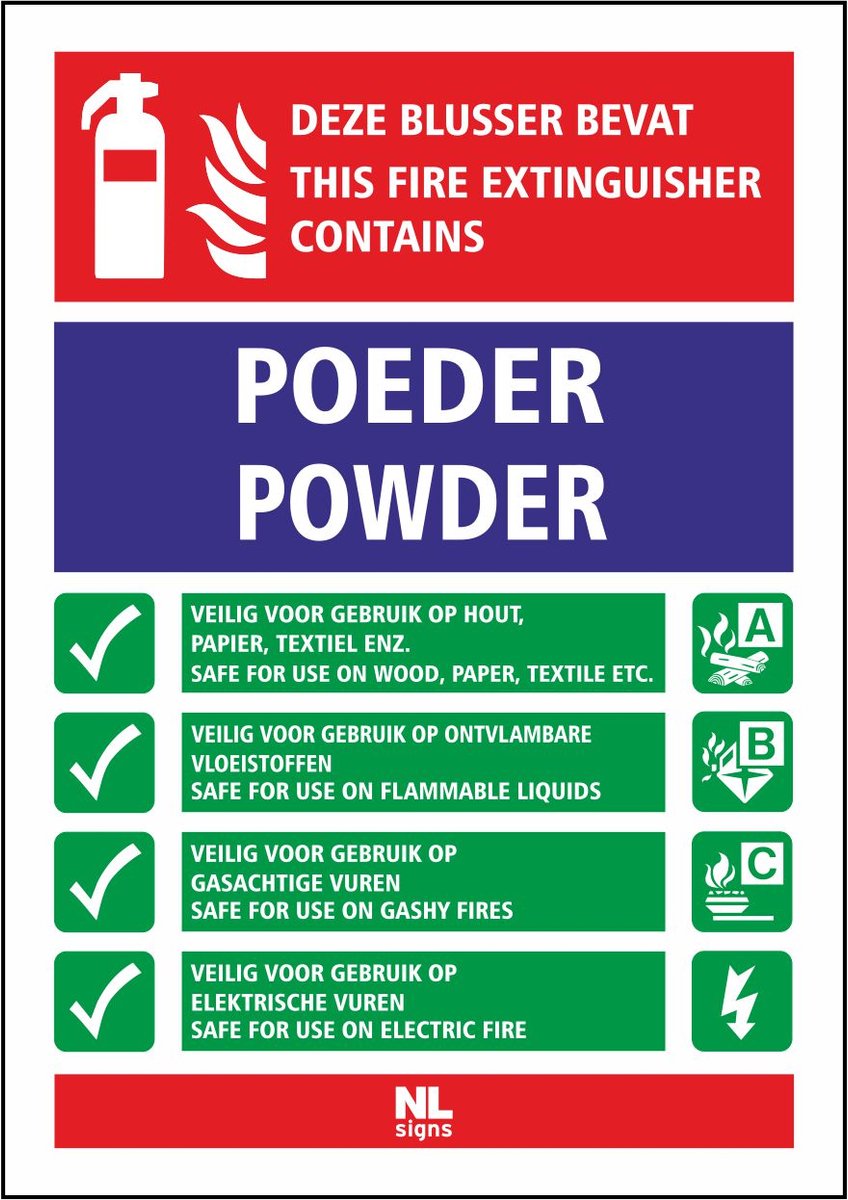 Gebruiksaanwijzing brandblusser bord poeder - powder NALICHTEND (glow in the dark) A5 formaat (148x210 mm)