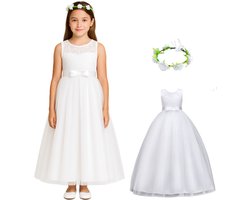 Joya Kids® Communie jurk Meisje Wit | Bruidsmeisjes jurk | Prinsessen jurk | Feestjurk + bloemenkrans | Maat 160 (158/164)