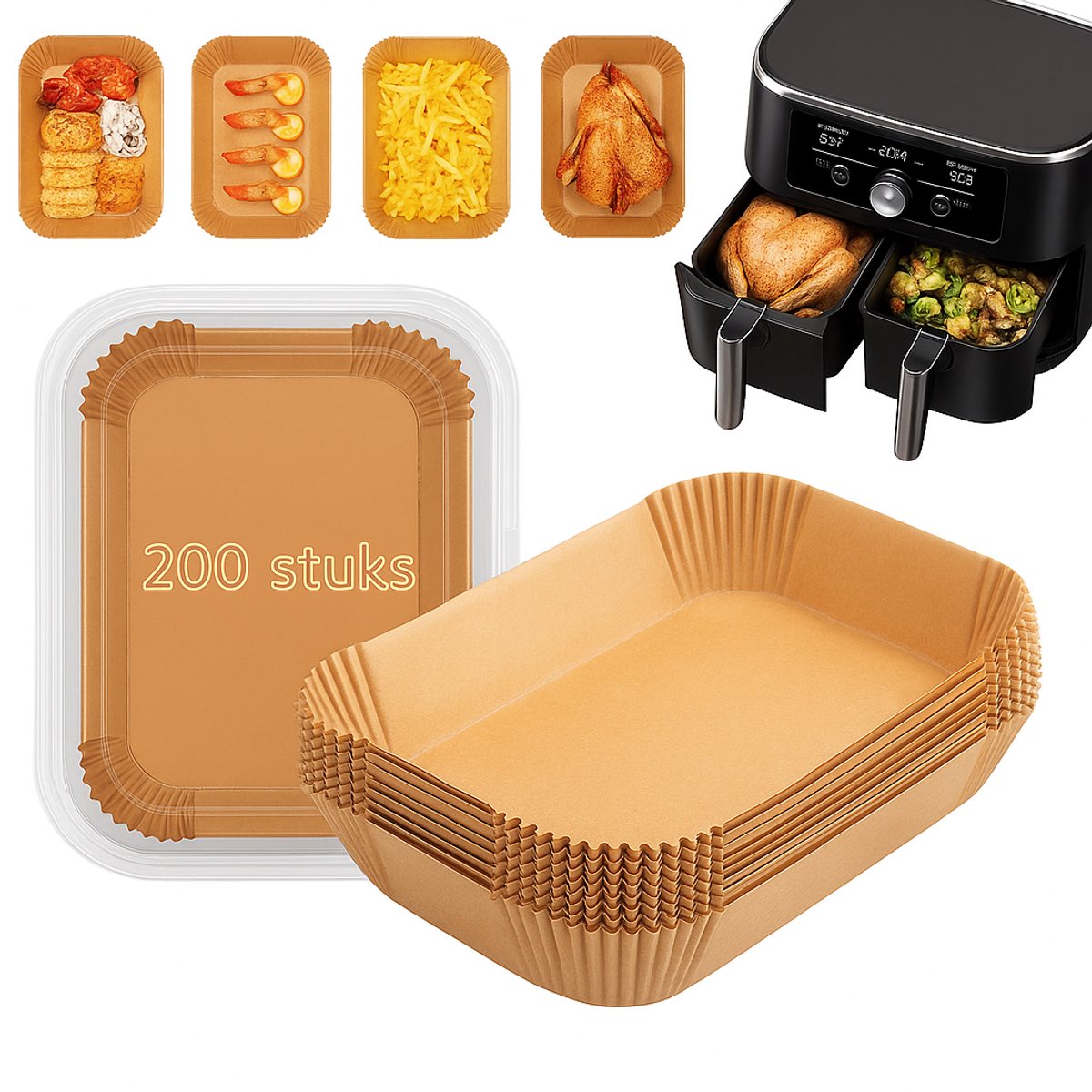 Airfryer Bakpapier voor Dubbele Heteluchtfriteuse – 200 Stuks, 22x14 cm – Te gebruiken voor: Ninja AF300EU, AF400EU, AF451EU, AF500EU, SL400EU en Andere Tweezone Airfryers — afbeelding 1
