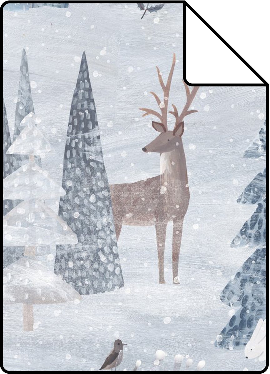 Proefstaal ESTAhome behang hertjes en konijnen in de sneeuw blauw - 26.5 x 21 cm - 139583-S