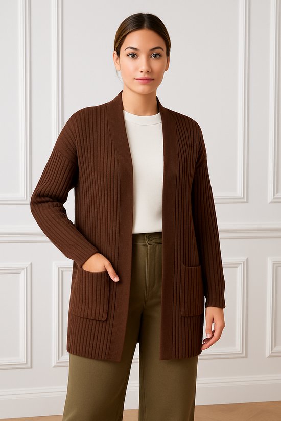 ASTRADAVI Dames Mode - Elegant ribgebreid vest met 2 zakken - One Size - Bruin