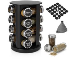 BOTC Kruidenrek Organizer met 16 Kruidenpotjes - Kruidenrek draaibaar - Strooideksel & Labels - Staand - Zwart