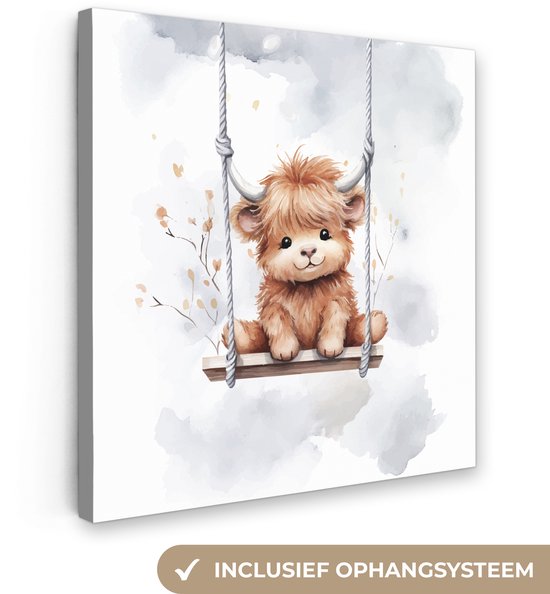 Canvas schilderij 20x20 cm - Wanddecoratie kinderkamer Schotse hooglander - Dier - Kinderen - Muurdecoratie babykamer - Kamer decoratie voor jongens en meisjes - Baby accessoires - Schilderijen
