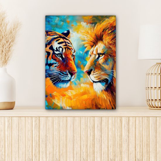 Canvas schilderij 30x40 cm - Wanddecoratie Dieren - Kunst - Leeuw - Tijger - Muurdecoratie woonkamer - Slaapkamer decoratie - Kamer accessoires - Schilderijen op canvas