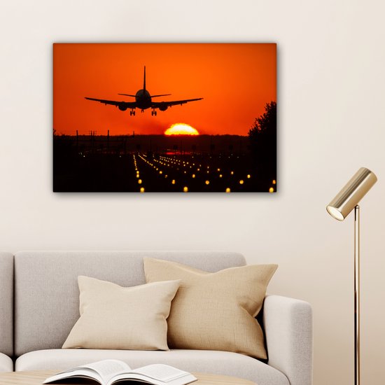 Canvas schilderij 90x60 cm - Wanddecoratie Zonsondergang - Vliegtuig - Oranje - Zon - Muurdecoratie woonkamer - Slaapkamer decoratie - Kamer accessoires - Schilderijen op canvas