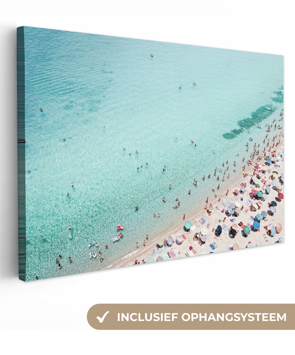Canvas schilderij 120x80 cm - Wanddecoratie Zee - Strand - Parasols - Blauw - Zomer - Muur