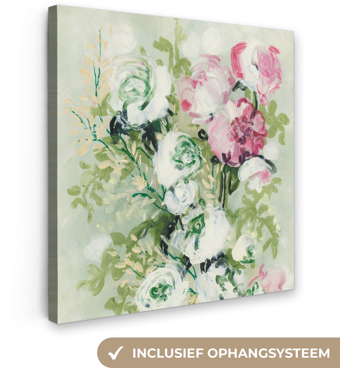 Canvas schilderij - Bloemen - Groen - Roze - Natuur - Verf - Schilderijen woonkamer - Schilderijen op canvas - 50x50 cm - Foto op canvas - Canvas doek - Muurdecoratie - Wanddecoratie - Slaapkamer - Kamer decoratie