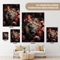 Verschillende formaten canvas schilderijen van een leeuw in bloemen, getoond boven een bank.