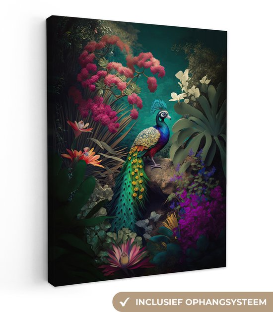 Canvas schilderij - Pauw 120x160 - Kamer decoratie accessoires kleurrijk - Schilderijen woonkamer bloemen jungle - Wanddecoratie slaapkamer - Wall decoration - Muurdecoratie vogel - Wanddoek interieur - Woondecoratie huis - Woonaccessoires