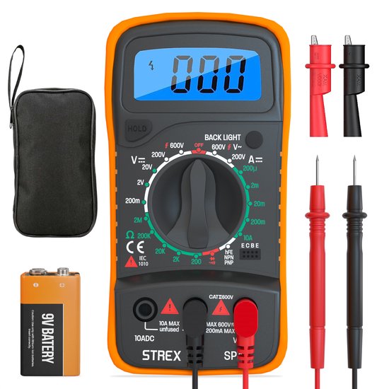 Strex Digitale Multimeter - AC / DC - Incl. 9V Batterij, Klemtangen & Opberghoes - Multi Meter