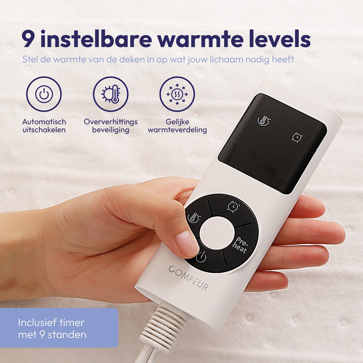 Comfeur Elektrische onderdeken 190x80 cm - Elektrisch deken - Warmte deken - 9 Timer-settings - 9 Warmtestanden - Pre-heat functie - Hele Oppervlak Verwarmd - Incl. Matrasbanden – foto 7