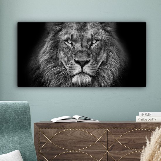 Tableau sur toile - Animaux sauvages - Lion - Zwart - Wit - Décoration murale - Toile - 80x40 cm - Salon - Toile Canvasdoek