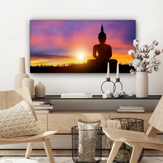 Toile - Statue de Bouddha - Silhouette - Coucher de soleil - Spirituel - Peintures salon - Peinture sur toile - Canvasdoek - 80x40 cm - Décoration murale
