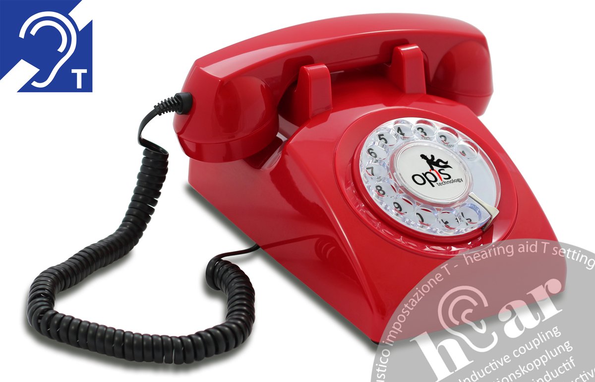 Retro telefoon - met draaischijf - mechanische rinkelbel - HAC gehoorapparaat compatible - rood - 60