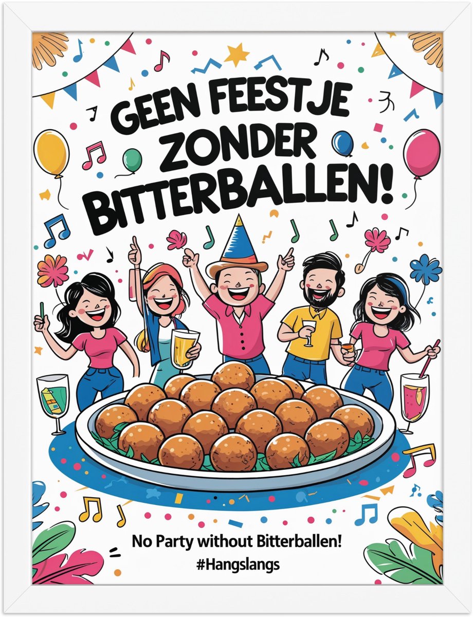 Funny Dutch Poster Geen feestje zonder bitterballen! – Humoristische Wanddecoratie – 30×40 cm – Cadeau & Home Decor