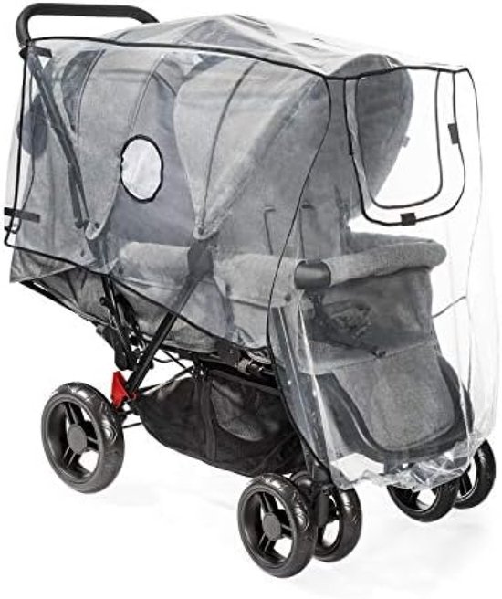 Transparante regenhoes voor een dubbele kinderwagen, met grijze bekleding.