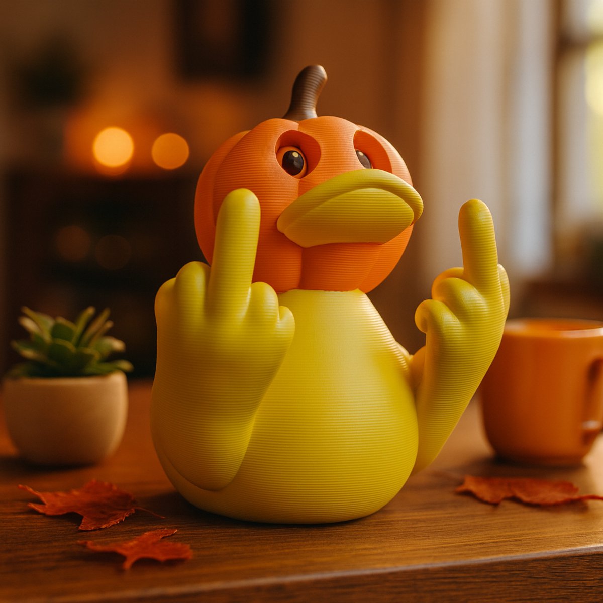 AnimalsAttitude – Grote Pompoen Eend met Middelvinger – 3D-geprint Halloween Beeldje – Decor Highlight for Any Room